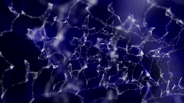 Particules rondes blanches avec rayonnement bleu reliées par des bandes se déplacent sur un fond noir. fond abstrait. rendu 3D 