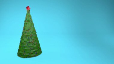 Düşük poli Noel ağacı turkuaz bir arka plan üzerinde iplik. 3D render