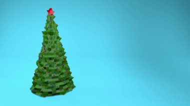 Düşük poli Noel ağacı turkuaz bir arka plan üzerinde iplik. 3D render
