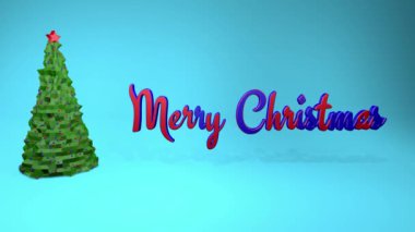 Düşük poli Noel ağacı ve mutlu bir Noel iplik turkuaz bir arka plan üzerinde bir yazıt. 3D render