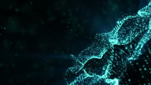 des particules bleues brillantes animées sur un fond sombre. 3d rendu fond abstrait avec profondeur de champ 