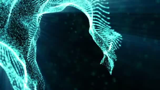 蓝色发光的粒子动画在黑暗的背景 渲染具有景深的抽象背景 — 图库视频影像