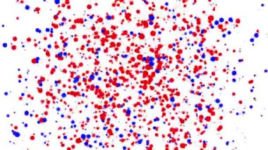 kırmızı ve mavi beyaz bir arka plan üzerinde hareket parçacıklar yuvarlak. Soyut animasyon. 3D render