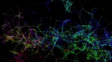 çok renkli bir siyah arka plan üzerine yavaşça parçacıklar bağlı. animasyonlu arka plan. 3D render