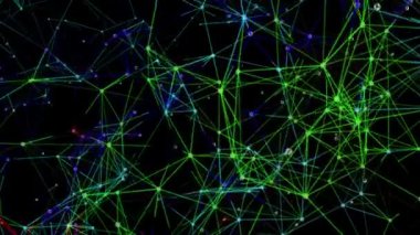 çok renkli bir siyah arka plan üzerine yavaşça parçacıklar bağlı. animasyonlu arka plan. 3D render