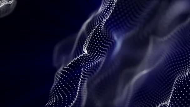 Λευκά Σωματίδια Μπλε Ακτινοβολία Πετούν Πάνω Μαύρο Φόντο Κινούμενο Αφηρημένα — Αρχείο Βίντεο