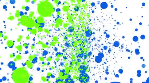 Blå Och Grön Runda Partiklar Som Flyger Vit Bakgrund Abstrakta — Stockvideo