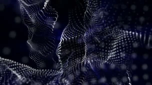 Білі Круглі Частинки Блакитним Світлом Рухаються Чорному Тлі Анімований Абстрактний — стокове відео