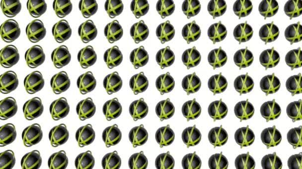 Вращающиеся Тёмные Сферы Жёлтые Кольца Абстрактная Анимация Рендеринг — стоковое видео