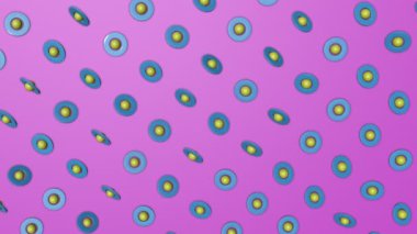 mavi üç boyutlu halkalar ve sarı küreler mor bir arka plan üzerinde döndürün. arka plan. 3D render