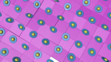 mavi üç boyutlu halkalar ve sarı küreler mor bir arka plan üzerinde döndürün. arka plan. 3D render