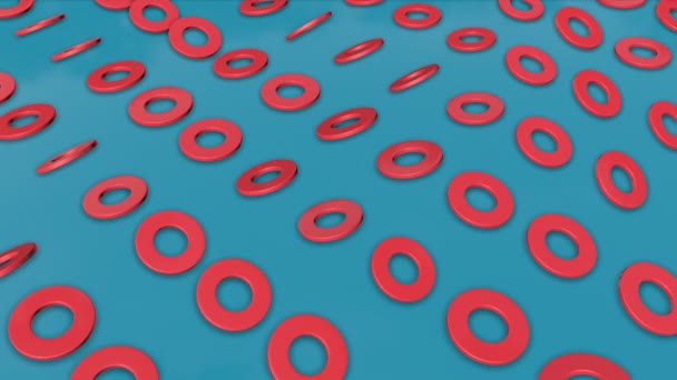 Rote Dreidimensionale Ringe Rotieren Auf Einem Türkisfarbenen Hintergrund Abstrakter Hintergrund — Stockvideo