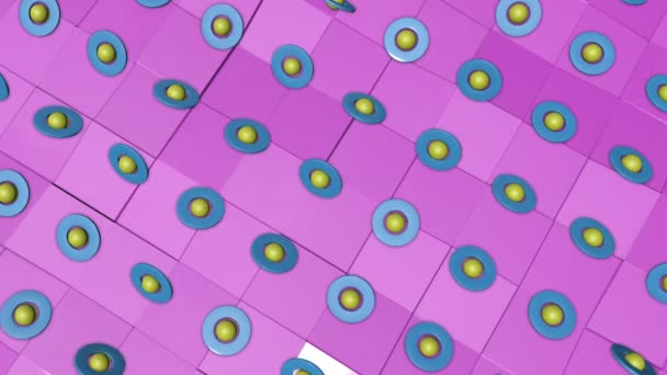 Сині Тривимірні Кільця Жовті Сфери Обертаються Фіолетовому Фоні Абстрактний Фон — стокове відео