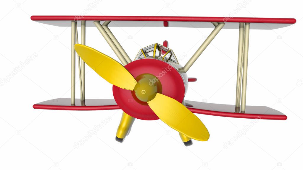 plastic model of a toy biplane on a white background. 3D rendering