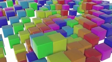 çok renkli üç boyutlu küpler yavaş yavaş uçar. Soyut gökkuşağı animasyon. 3D render