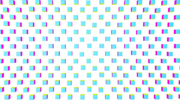 Les Cubes Jaune Violet Turquoise Volent Lentement Sur Fond Blanc — Video