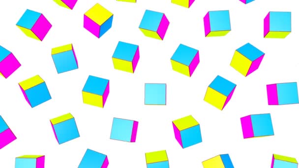 Les Cubes Jaune Violet Turquoise Volent Lentement Sur Fond Blanc — Video