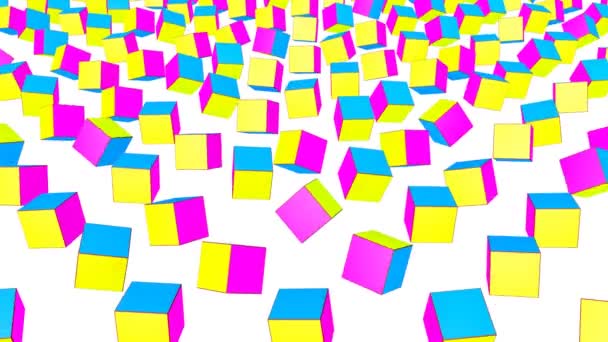 Желто Фиолетовые Бирюзовые Кубики Медленно Летают Белом Фоне Анимированный Фон — стоковое видео