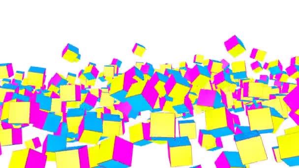 Les Cubes Jaune Violet Turquoise Volent Lentement Sur Fond Blanc — Video