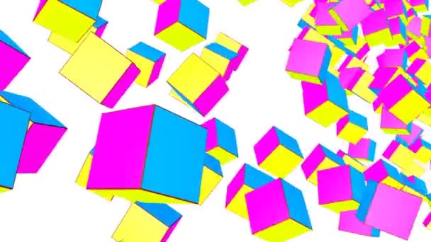Les Cubes Jaune Violet Turquoise Volent Lentement Sur Fond Blanc — Video