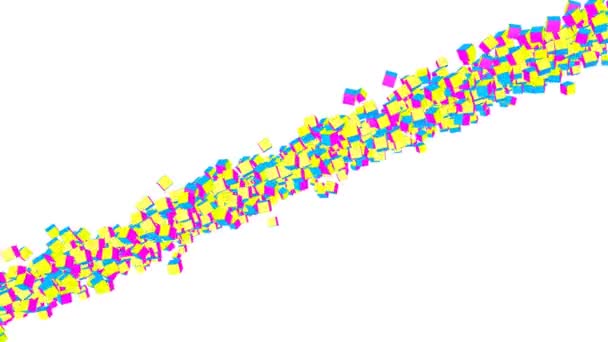 Cubos Amarelo Violeta Turquesa Voam Lentamente Sobre Fundo Branco Fundo — Vídeo de Stock