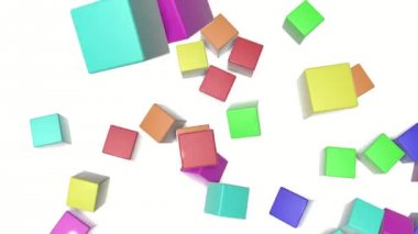 Çok renkli küpler beyaz bir arka plan üzerine düşmek. animasyonlu arka plan. 3D render