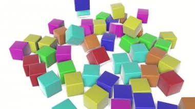 Çok renkli küpler beyaz bir arka plan üzerine düşmek. animasyonlu arka plan. 3D render