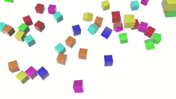 Різнокольорові Кубики Падають Білий Фон Анімований Фон Візуалізація — стокове відео
