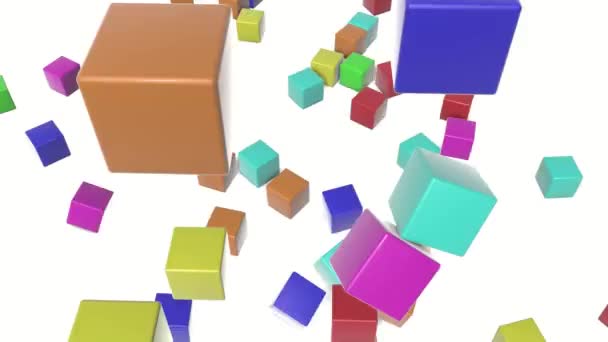Multi Gekleurde Blokjes Vallen Een Witte Achtergrond Geanimeerde Achtergrond Render — Stockvideo