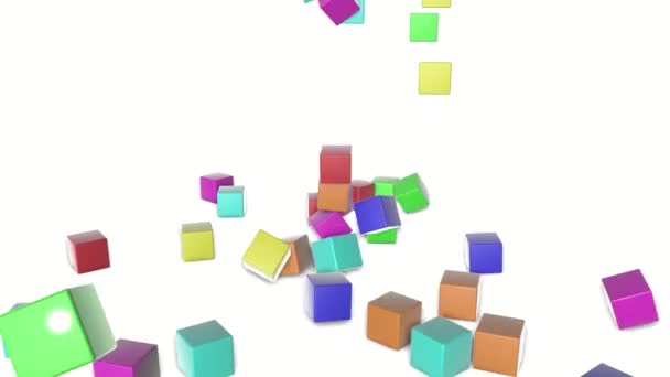 Разноцветные Кубики Падают Белый Фон Анимированный Фон Рендеринг — стоковое видео