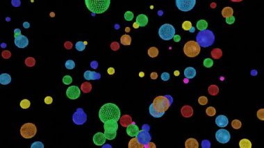 Siyah bir arka plan üzerine düşen çok renkli küresel çerçeve. Animasyonlu ekran koruyucu. 3D render