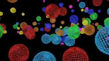 Siyah bir arka plan üzerine düşen çok renkli küresel çerçeve. Animasyonlu ekran koruyucu. 3D render
