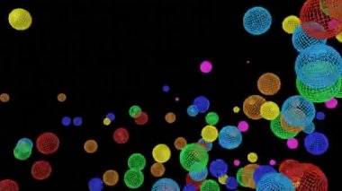 Siyah bir arka plan üzerine düşen çok renkli küresel çerçeve. Animasyonlu ekran koruyucu. 3D render