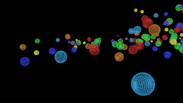 Різнокольорові Сферичні Рамки Падають Чорний Фон Анімований Зберігач Екрана Візуалізація — стокове відео