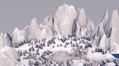 Düşük poli orman manzara. Işık renkleri çizimde. Ladin orman ve dağlar. 3D render