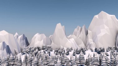 Düşük poli orman manzara. Işık renkleri çizimde. Ladin orman ve dağlar. 3D render