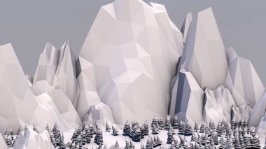 Düşük poli orman manzara. Işık renkleri çizimde. Ladin orman ve dağlar. 3D render