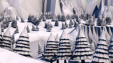 Düşük poli orman manzara. Işık renkleri çizimde. Ladin orman ve dağlar. 3D render