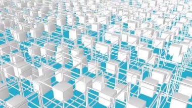 Turkuaz bir arka plan üzerinde yavaşça bir çerçeve çevrili beyaz küp. üç boyutlu animasyon. 3D render