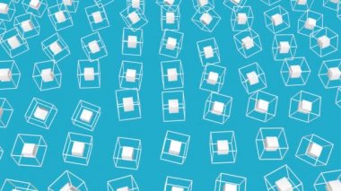 Turkuaz bir arka plan üzerinde yavaşça bir çerçeve çevrili beyaz küp. üç boyutlu animasyon. 3D render