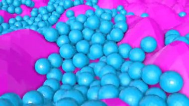 Grup Turkuaz üç boyutlu küre yavaş bir mor düşük poli arka plan üzerinde hareket. 3D render