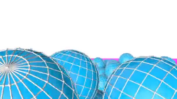 Кучка Бирюзовых Трехмерных Сфер Медленно Движется Фиолетовом Низком Полимерном Фоне — стоковое видео