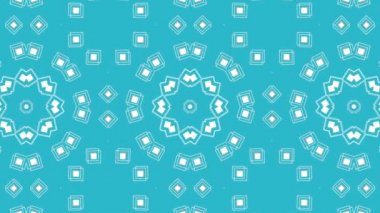 Turkuaz bir arka plan üzerinde beyaz simetrik hareket desenler. Üç boyutlu kaleydoskop arka plan hareketli. 3D render