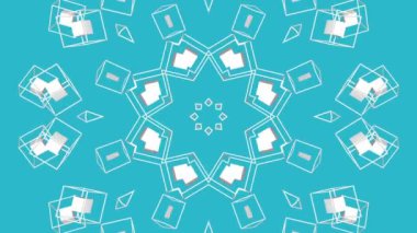 Turkuaz bir arka plan üzerinde beyaz simetrik hareket desenler. Üç boyutlu kaleydoskop arka plan hareketli. 3D render