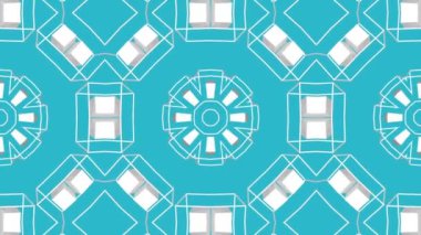 Turkuaz bir arka plan üzerinde beyaz simetrik hareket desenler. Üç boyutlu kaleydoskop arka plan hareketli. 3D render