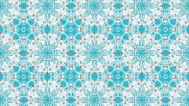 Turkuaz bir arka plan üzerinde beyaz simetrik hareket desenler. Üç boyutlu kaleydoskop arka plan hareketli. 3D render