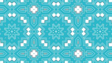 Turkuaz bir arka plan üzerinde beyaz simetrik hareket desenler. Üç boyutlu kaleydoskop arka plan hareketli. 3D render