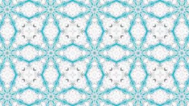 Turkuaz bir arka plan üzerinde beyaz simetrik hareket desenler. Üç boyutlu kaleydoskop arka plan hareketli. 3D render