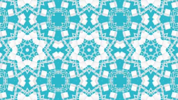 Bílé Symetrické Vzory Pohybu Tyrkysové Pozadí Animované Pozadí Trojrozměrné Kaleidoskop — Stock video