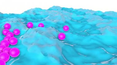 Mor topları turkuaz dalga yüzeyinde taşımak. üç boyutlu animasyonlu arka plan. 3D render